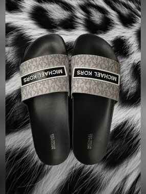 Michael Kors Demi-Flat Slide Sandals in Mini Logo Black and Silver